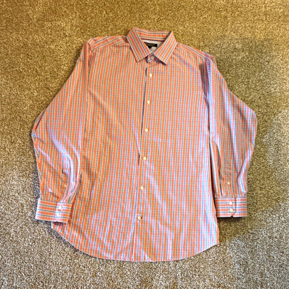 Banana Republic Non-Iron Slim Fit Orange/Blue/White Plaid Dress Shirt XL